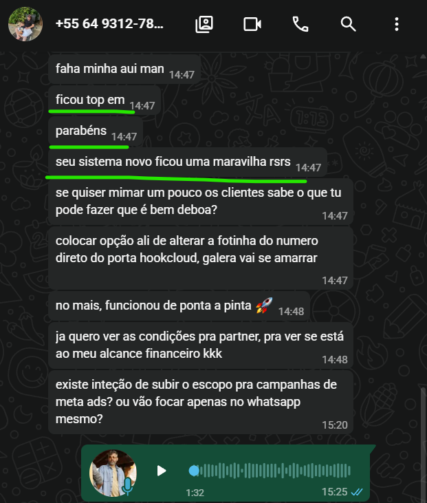 Mensagem de cliente no WhatsApp elogiando o novo sistema HookCloud Flow