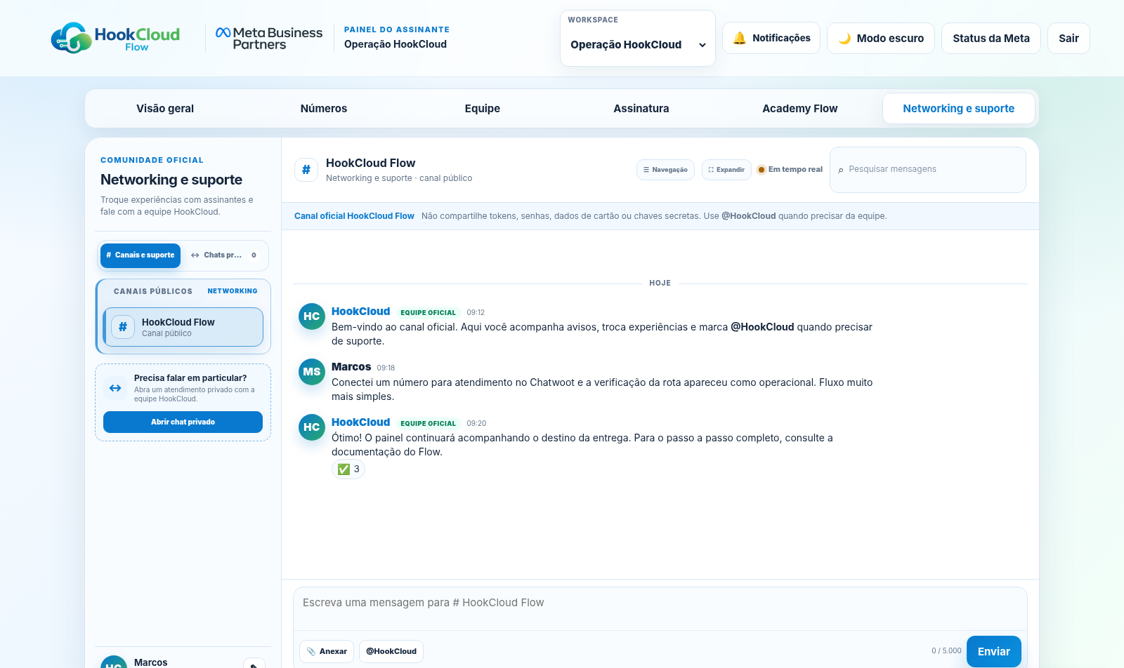 Tela real da área Networking e suporte do HookCloud Flow com canal público e chat privado